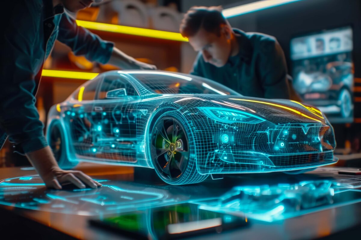 Automotive engineer working using AI system production on electric car, Engineering smart EV car design, Futuristic electric vehicles